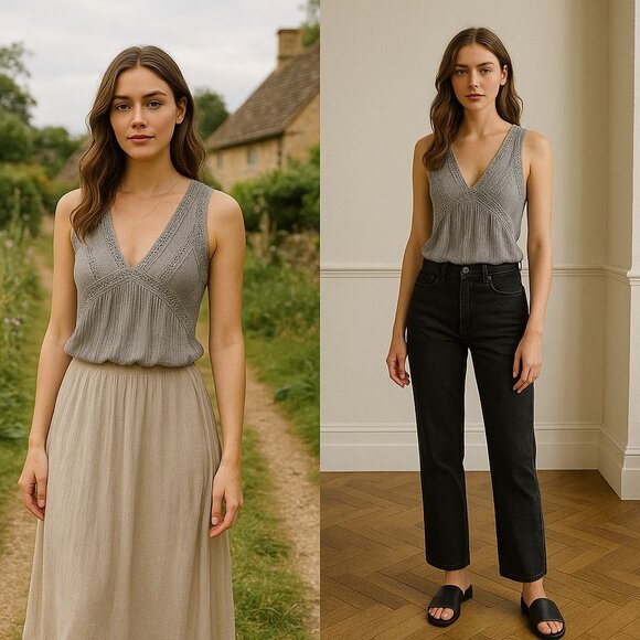 POL Womens Tank Top Silver Grey M Artisanal Core Boho Chic Romantic Core - Picture 2 of 14